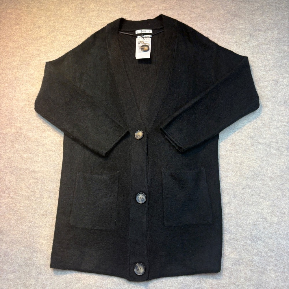 Mango Betsy Cardigan Black Wool Blend Longline V-Neck Button Front Sweater NWT S